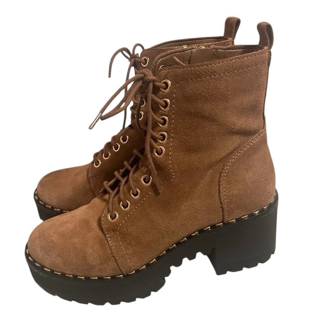 Women's Leather Suede Boots Size 6.5 Mecale Tan Brown Zip Platform Booties